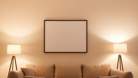 Interior of a living room with a picture frame on the wall