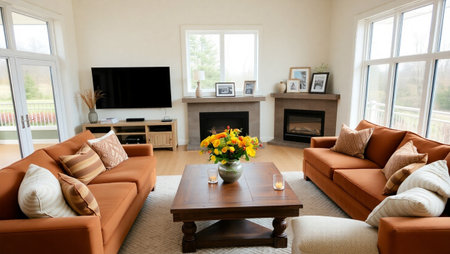 Interior of a modern living room with orange sofa and a fireplace