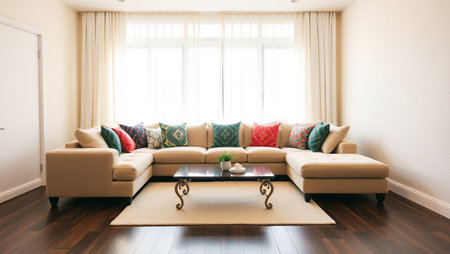 interior of modern living room with brown sofa and colorful pillows