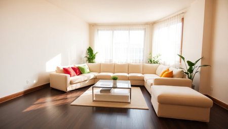 Interior of a living room with a sofa and a coffee tableの写真素材