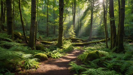 Hiking trail in the green forest with sunbeams passing throughの写真素材