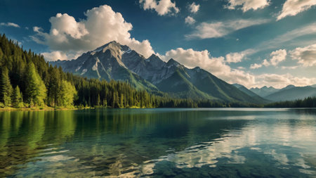 Panoramic view of mountain lake with reflection in water. Dramatic sky.