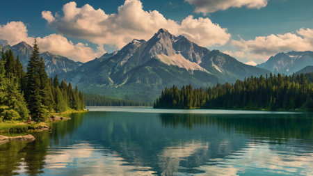 Panoramic view of the lake in the mountains. Summer landscape.