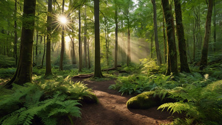 Sunlight in the green forest. Panoramic view of the forest