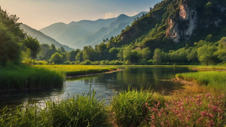 Landscape of the river and the mountains in the morning light.の写真素材