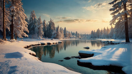 Snowy winter landscape with a frozen lake and coniferous forest