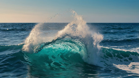 Turquoise ocean wave breaking on the shore with splashes of waterの写真素材