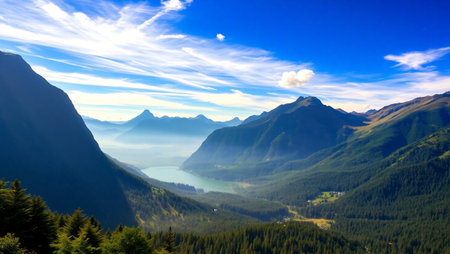 Mountain landscape with lake and blue sky. Switzerland, Europe.