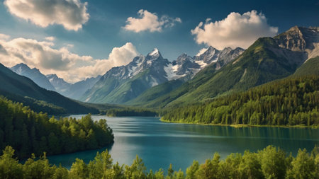 Beautiful view of the mountain lake. Landscape with mountains and clouds.の写真素材
