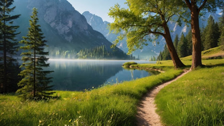 Beautiful lake in Dolomites, Italy. Panoramic viewの写真素材
