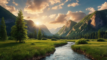 Beautiful summer landscape with mountain river and meadow at sunset.
