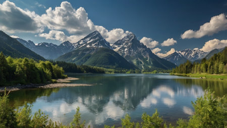 Beautiful mountain lake in the mountains. Reflection of the mountains in the lake.の写真素材