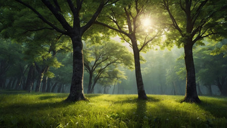 Trees in the morning mist with sunbeams. 3d renderの写真素材