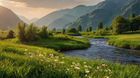 Beautiful mountain landscape with river and green meadow in evening lightの写真素材