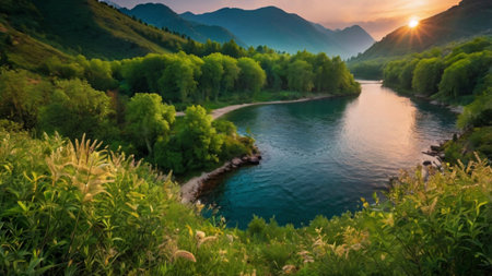 Beautiful summer landscape with a river and mountains in the background.