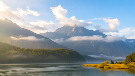 Mountain lake in the morning. Landscape with mountains and clouds