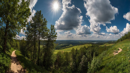 Panoramic view of the summer landscape with forest and meadowの写真素材