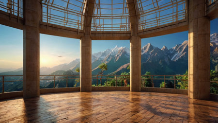 3d render of an interior with panoramic view of mountains