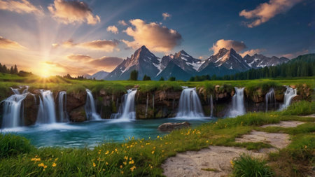 Panoramic view of beautiful waterfall in the mountains at sunset.の写真素材