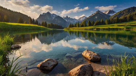 panoramic view of alpine lake in the italian alps