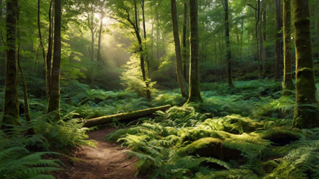 Sunlight in the green forest. Panoramic image of a summer forest.の写真素材