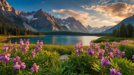 Panoramic view of alpine lake with pink flowers and mountains in background