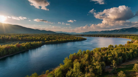 Aerial view of the river and forest. Beautiful summer landscape.の写真素材