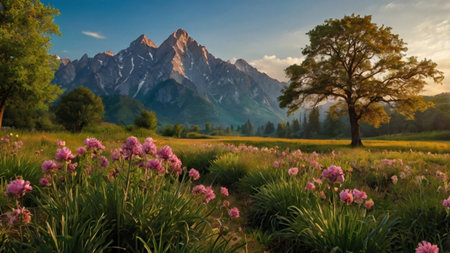 Beautiful spring landscape with blooming meadow in front of the mountains