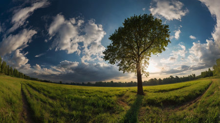 Lonely tree in the meadow at sunset. Panorama