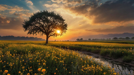 Sunset in the rice field with tree and yellow flower in the evening