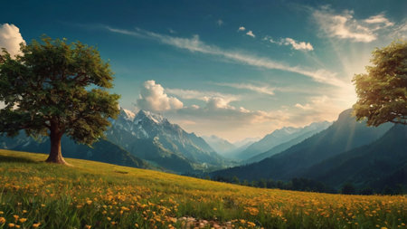 Beautiful summer mountain landscape with blooming meadow and big tree