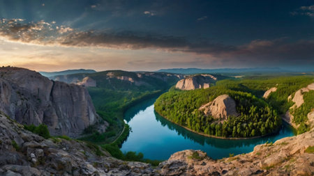 Panoramic view of the valley and the river at sunset.の写真素材