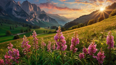 Panoramic view of the alpine meadow with pink flowers.の写真素材