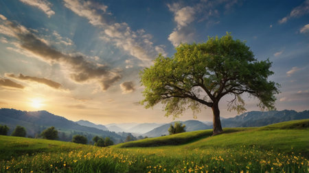 Tree in the meadow at sunset. Beautiful landscape with a tree in the foreground.の写真素材