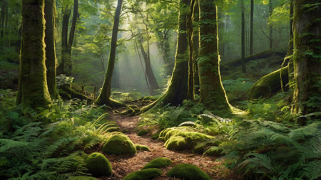 Beautiful green forest with moss and ferns in the morning