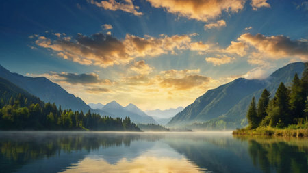 Panoramic view of a mountain lake at sunrise. Beauty in nature.