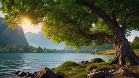 Beautiful summer landscape with big tree on the shore of mountain lakeの写真素材