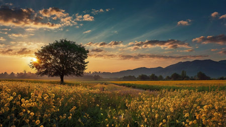 Sunset over a field with a tree and mountains in the background