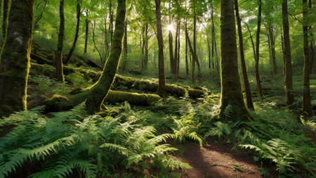 Panoramic view of green forest with ferns and sunlight