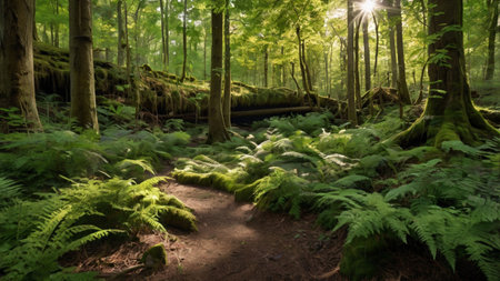 Beautiful green forest in the morning light. Panoramic image.