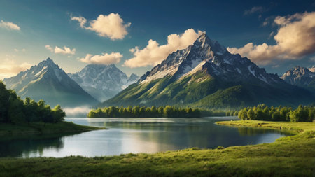 Mountain lake. Panoramic view. Beautiful summer landscape.
