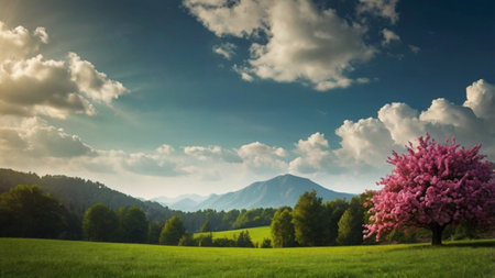 Spring landscape with blooming tree and mountains in the background. Panoramaの写真素材