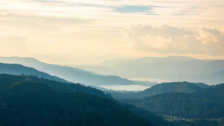 Mountain landscape with fog in the morning. Carpathians, Ukraine