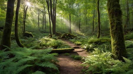Sunlight in the green forest. Panoramic view of a forest path.の写真素材