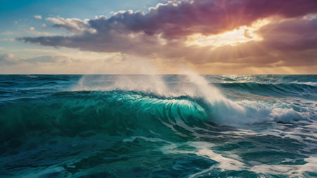 Beautiful seascape with stormy ocean wave and sunset skyの写真素材