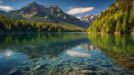 Mountain lake in the Alps. Reflection in the water.
