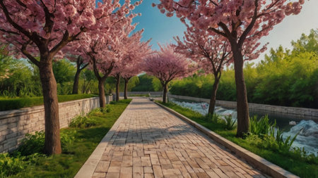 Cherry blossoms in full bloom along a walkway in the parkの写真素材