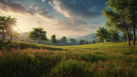 Sunset in the mountains. Panoramic view of a meadow with flowers and trees.の写真素材