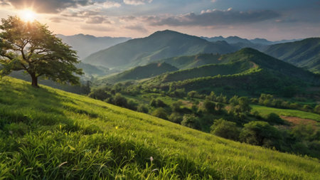 Panoramic view of green meadow and mountain range at sunset