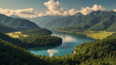 Aerial view of a beautiful lake in the mountains. Beautiful summer landscape.